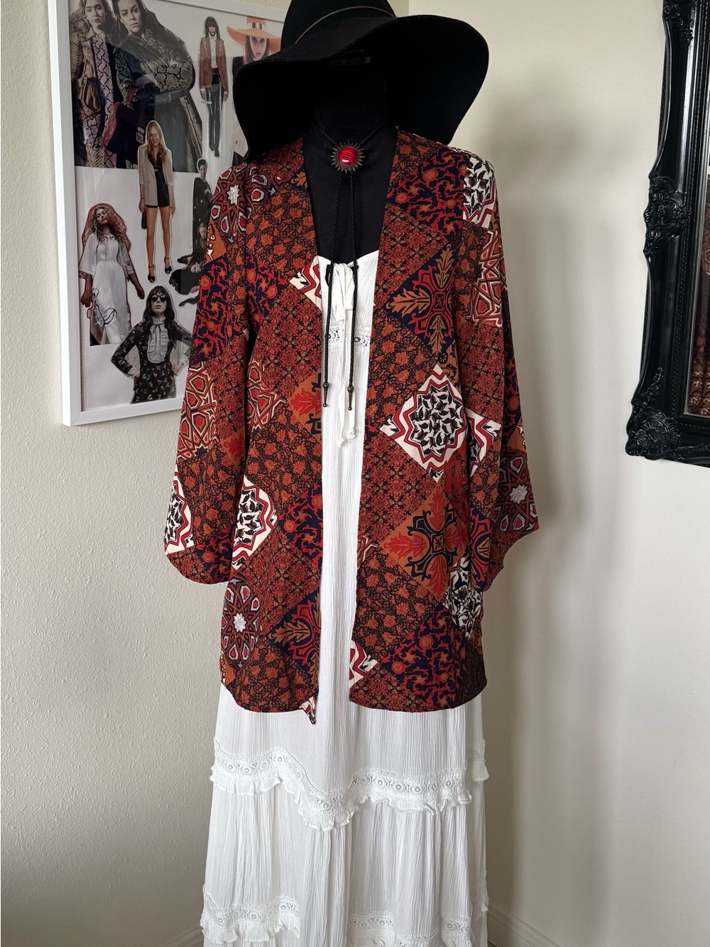 Boho Patchwork Kimono Jacket in rust, brown and navy with fringe on back